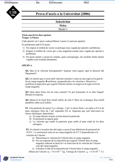 Vista previa de Examen PAU de Física de Illes Balears 2006 – Extraordinaria