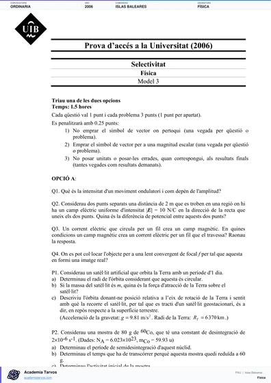 Vista previa de Examen PAU de Física de Illes Balears 2006 – Ordinaria