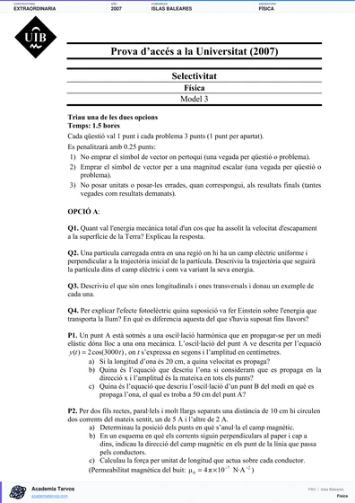 Vista previa de Examen PAU de Física de Illes Balears 2007 – Extraordinaria