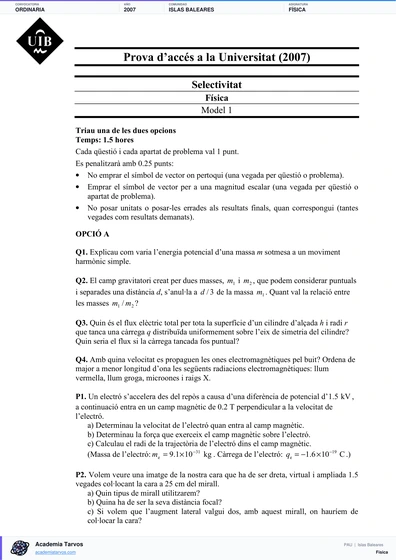 Vista previa de Examen PAU de Física de Illes Balears 2007 – Ordinaria