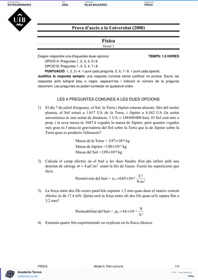Vista previa de Examen PAU de Física de Illes Balears 2008 – Extraordinaria