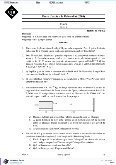 Vista previa de Examen PAU de Física de Illes Balears 2009 – Extraordinaria