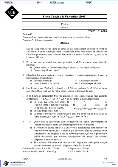 Vista previa de Examen PAU de Física de Illes Balears 2009 – Ordinaria