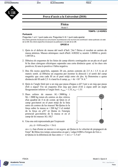 Vista previa de Examen PAU de Física de Illes Balears 2010 – Extraordinaria