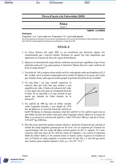 Vista previa de Examen PAU de Física de Illes Balears 2010 – Ordinaria