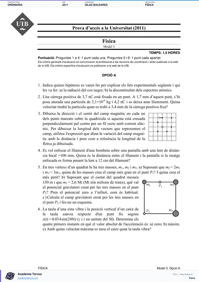 Vista previa de Examen PAU de Física de Illes Balears 2011 – Ordinaria