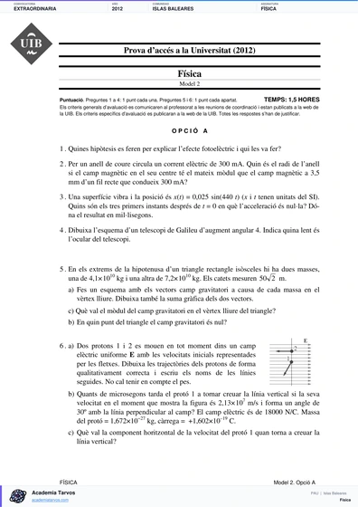Vista previa de Examen PAU de Física de Illes Balears 2012 – Extraordinaria