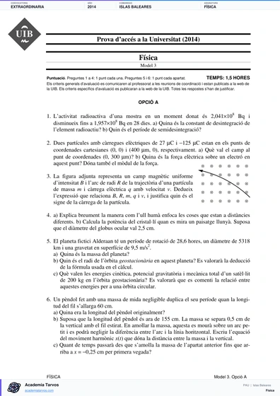 Vista previa de Examen PAU de Física de Illes Balears 2014 – Extraordinaria