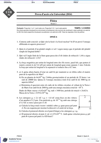 Vista previa de Examen PAU de Física de Illes Balears 2014 – Ordinaria