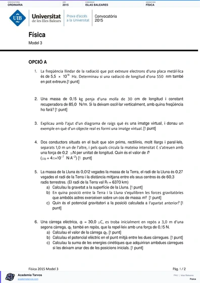 Vista previa de Examen PAU de Física de Illes Balears 2015 – Ordinaria