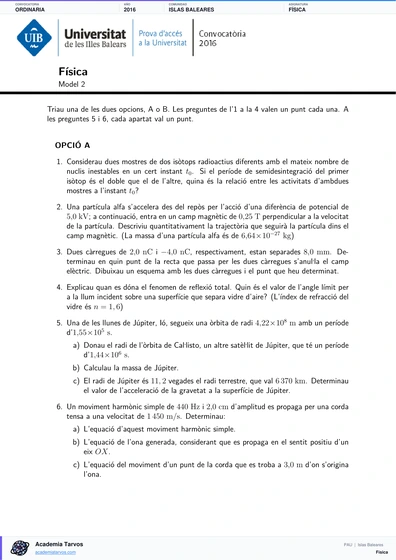 Vista previa de Examen PAU de Física de Illes Balears 2016 – Ordinaria