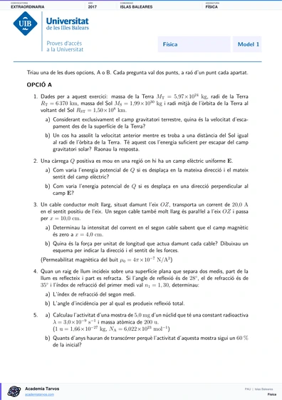 Vista previa de Examen PAU de Física de Illes Balears 2017 – Extraordinaria