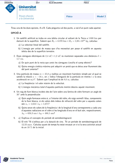 Vista previa de Examen PAU de Física de Illes Balears 2017 – Ordinaria