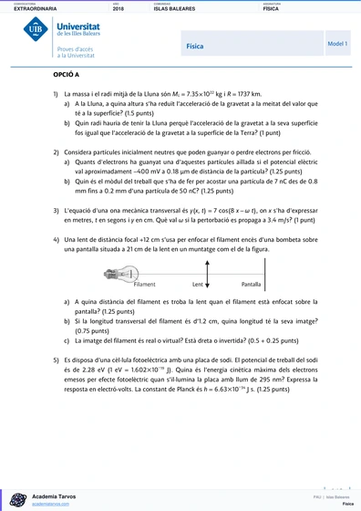 Vista previa de Examen PAU de Física de Illes Balears 2018 – Extraordinaria