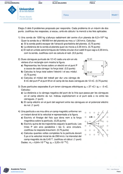 Vista previa de Examen PAU de Física de Illes Balears 2022 – Extraordinaria
