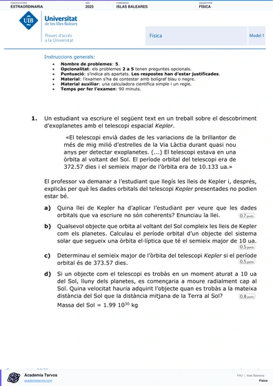 Vista previa de Examen PAU de Física de Illes Balears 2025 – Extraordinaria
