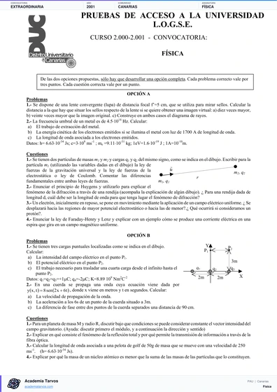 Vista previa de Examen PAU de Física de Canarias 2001 – Extraordinaria