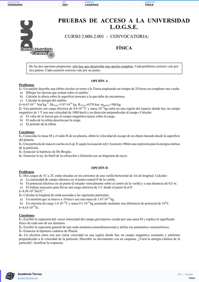Vista previa de Examen PAU de Física de Canarias 2001 – Ordinaria