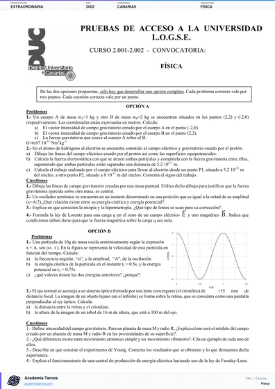 Vista previa de Examen PAU de Física de Canarias 2002 – Extraordinaria