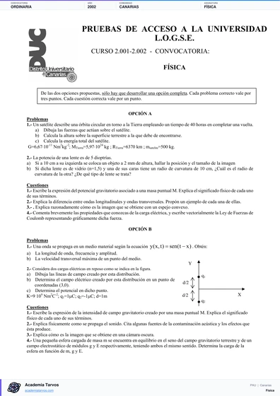 Vista previa de Examen PAU de Física de Canarias 2002 – Ordinaria