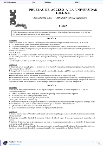 Vista previa de Examen PAU de Física de Canarias 2003 – Extraordinaria