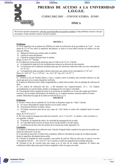Vista previa de Examen PAU de Física de Canarias 2003 – Ordinaria
