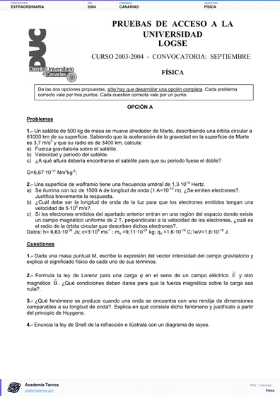 Vista previa de Examen PAU de Física de Canarias 2004 – Extraordinaria