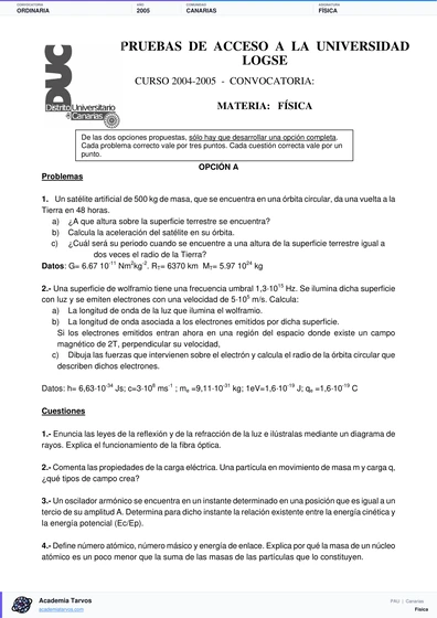Vista previa de Examen PAU de Física de Canarias 2005 – Ordinaria