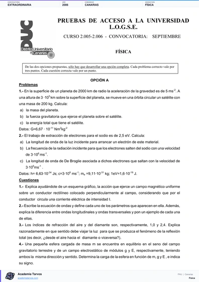 Vista previa de Examen PAU de Física de Canarias 2006 – Extraordinaria