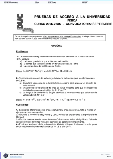 Vista previa de Examen PAU de Física de Canarias 2007 – Extraordinaria
