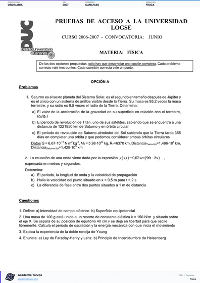 Vista previa de Examen PAU de Física de Canarias 2007 – Ordinaria