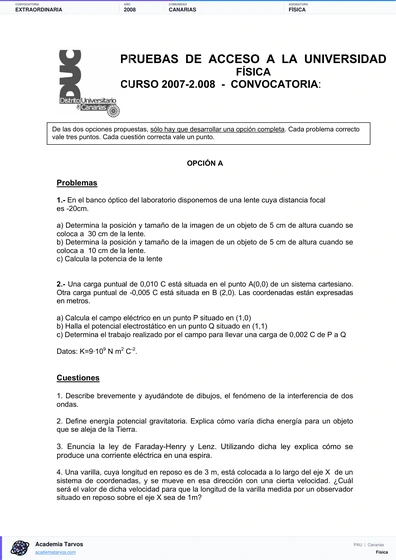 Vista previa de Examen PAU de Física de Canarias 2008 – Extraordinaria