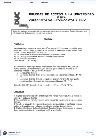 Vista previa de Examen PAU de Física de Canarias 2008 – Ordinaria