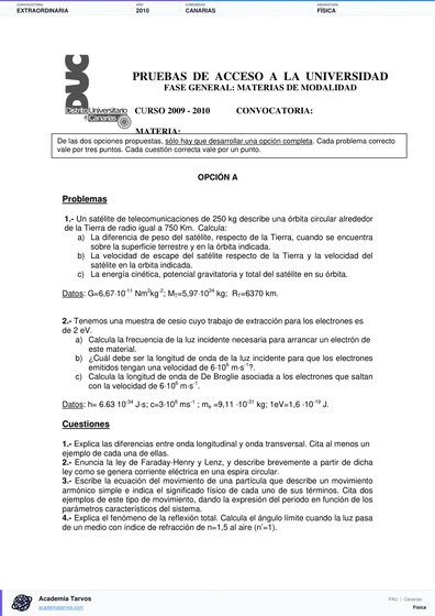 Vista previa de Examen PAU de Física de Canarias 2010 – Extraordinaria