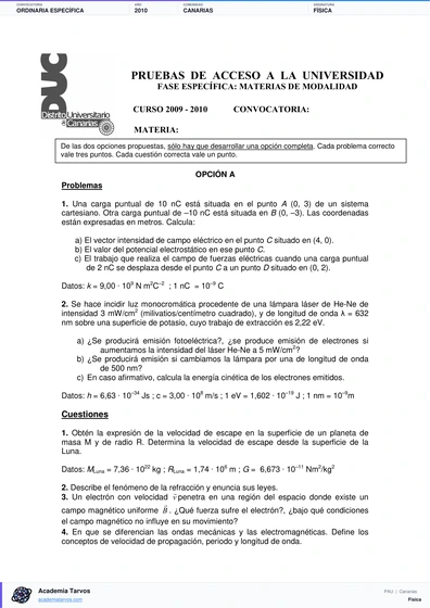 Vista previa de Examen PAU de Física de Canarias 2010 – Ordinaria Específica