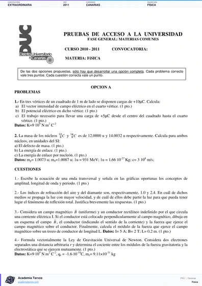 Vista previa de Examen PAU de Física de Canarias 2011 – Extraordinaria