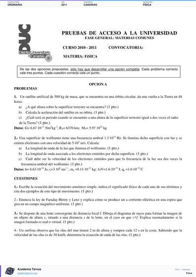 Vista previa de Examen PAU de Física de Canarias 2011 – Ordinaria