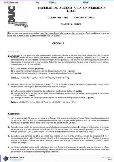 Vista previa de Examen PAU de Física de Canarias 2012 – Extraordinaria