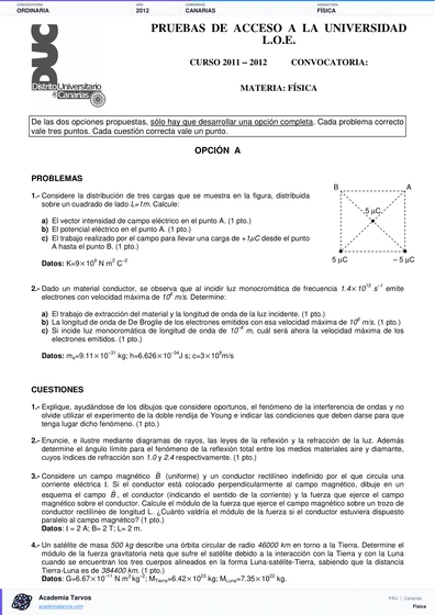Vista previa de Examen PAU de Física de Canarias 2012 – Ordinaria