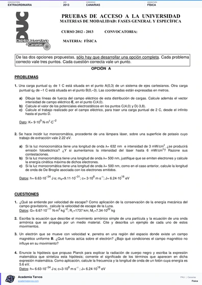 Vista previa de Examen PAU de Física de Canarias 2013 – Extraordinaria