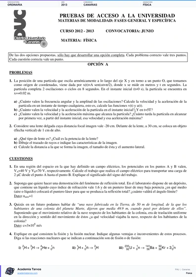 Vista previa de Examen PAU de Física de Canarias 2013 – Ordinaria