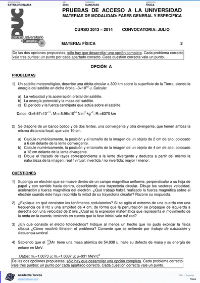Vista previa de Examen PAU de Física de Canarias 2014 – Extraordinaria
