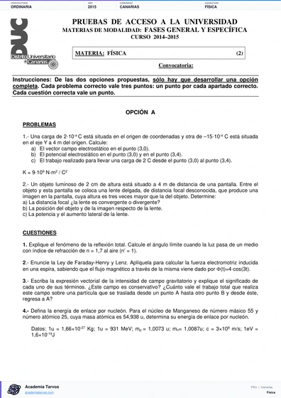 Vista previa de Examen PAU de Física de Canarias 2015 – Ordinaria