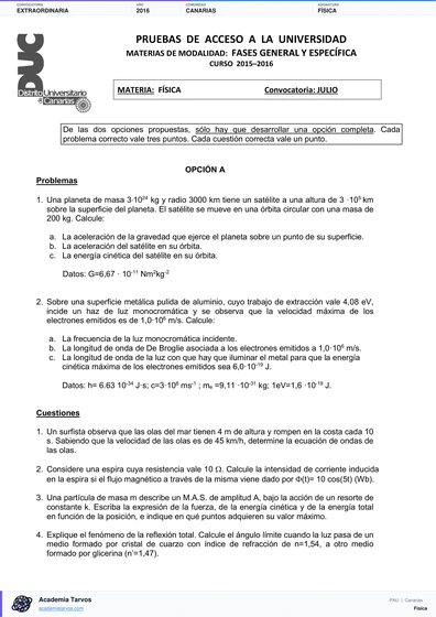 Vista previa de Examen PAU de Física de Canarias 2016 – Extraordinaria