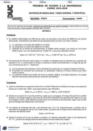 Vista previa de Examen PAU de Física de Canarias 2016 – Ordinaria