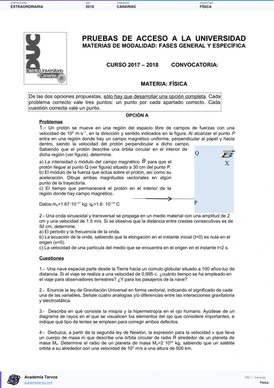 Vista previa de Examen PAU de Física de Canarias 2018 – Extraordinaria