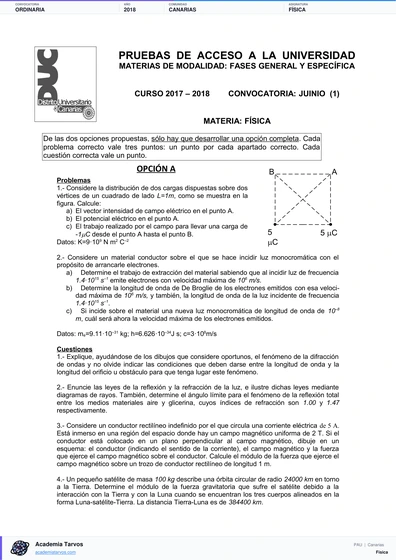 Vista previa de Examen PAU de Física de Canarias 2018 – Ordinaria