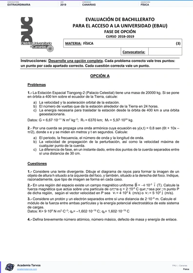 Vista previa de Examen PAU de Física de Canarias 2019 – Extraordinaria