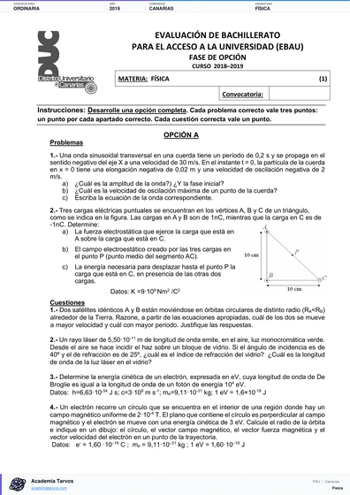 Vista previa de Examen PAU de Física de Canarias 2019 – Ordinaria