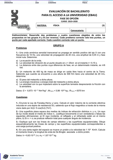 Vista previa de Examen PAU de Física de Canarias 2020 – Ordinaria